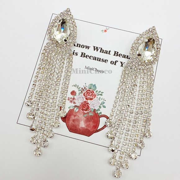 Silver Tone Rhinestone Pear Shape Button Fringe Drop Earrings - Picture 4 of 5